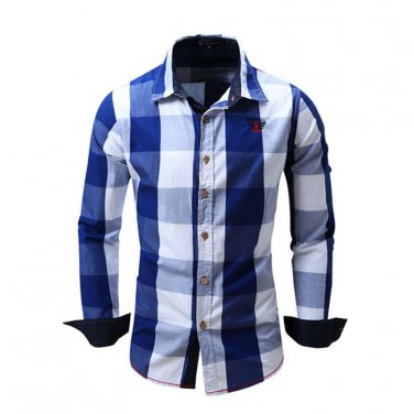 New Spring Casual Brand Slim Fit Men Long Sleeve Shirt Pure Cotton Cowboy Plaid Hit Color Clothes So