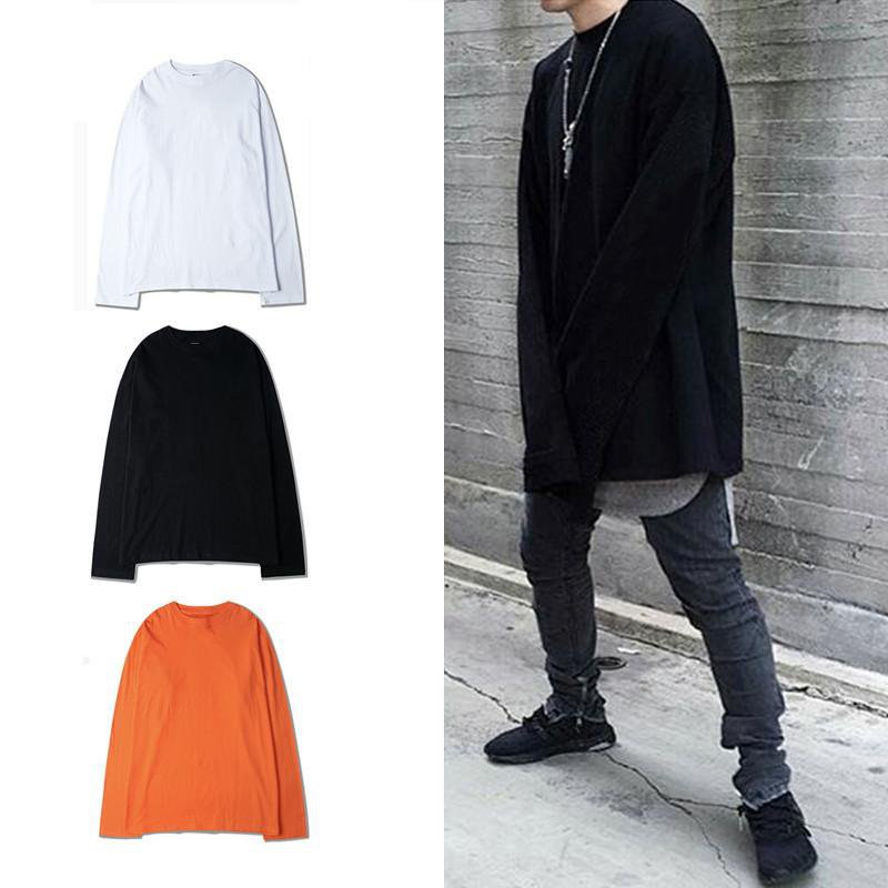 Extended long sleeve T Shirt skateboards Streetwear Mens HipHop t-shirt kanye Solid oversize cotton