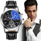Luxury Fashion Faux Leather Mens Blue Ray Glass Quartz Analog Date Watches