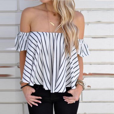 2016 New  Summers Women Off Shoulder Stripe Casual Blouse Shirt Tops