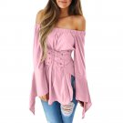 Women Sexy Flare Long Sleeve Tops Pure Color Off Shoulder Bandage Slim Blouse