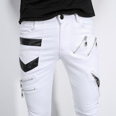 New Arrival Men`s Pants Punk Style Patch Leather Zipper Stage Performance NightClub Biker Pants