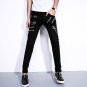 New Arrival Men`s Pants Punk Style Patch Leather Zipper Stage Performance NightClub Biker Pants