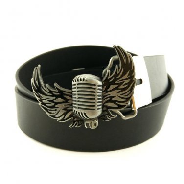 Men\'s Belts Brand Black PU Leather Punk Rock Flying Wings Microphone Music Gifts Metal Belt Buckle 
