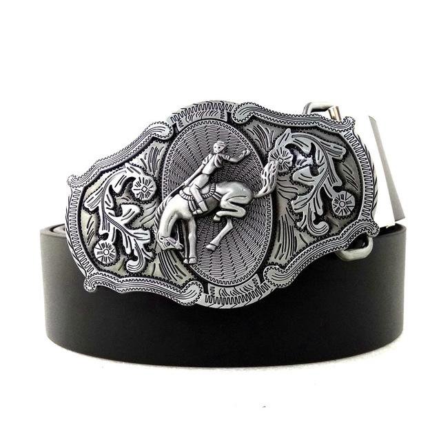 Retro Western Cowboy Vintage Men\'s Jeans PU Leather Belts Silver Horse Cowboy Belt Buckle Metal For
