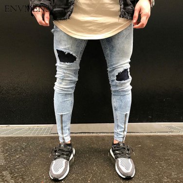 2017 Newest men PU leather patchwork ripped jeans ankle zipper punk rock denim pants mens hip hop sk