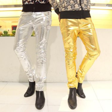 NEW in 2014 3 colors gold silver black PU Faux Fur leather man pants 3XL plus size for men\'s casual
