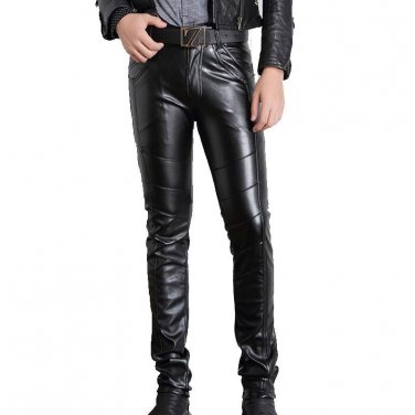 Men PU Leather Pants Skinny Motorcycle Riding Pants Slim Fit Trousers for Men Hip Hop Full Length Pa