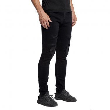 2017 New Men Motorcycle Knee Leather Biker Jeans Slim Stretch Elastic Destroyed Jeans H0391