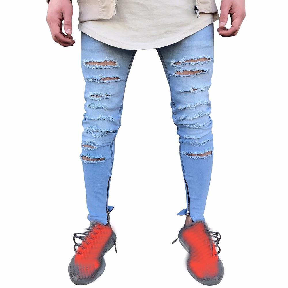 Men\'s Stretchy Ripped Skinny Biker Jeans Destroyed Taped Slim Fit Denim Pants
