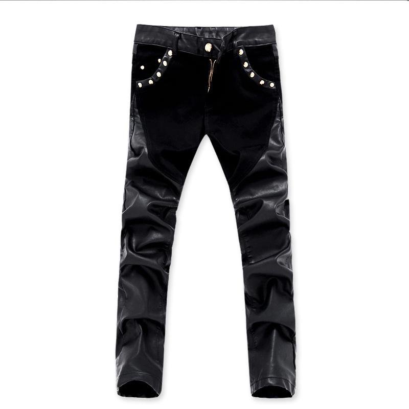 top quality men leather pants faux leather pu material motorcycle skinny denim jeans trousers 28 36