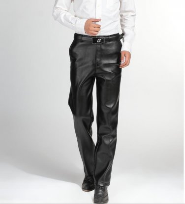 Male Autumn plus size black plus velvet straight PU pants man winter oversized thicken warm trousres