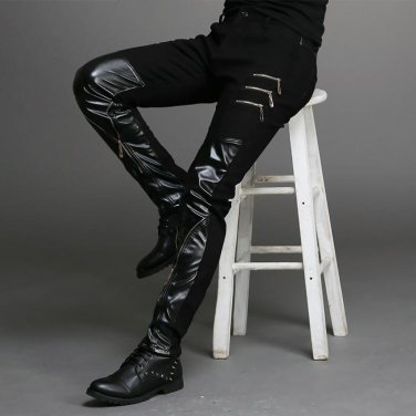 2015 new fashion tight-fitting slim black leather men pants black zipper hip-hop skinny male trouser