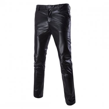 YJSFG HOUSE New Men PU Leather Pants Slim Fit Straight-Leg Trousers Motorcycle Biker Solid Straight 