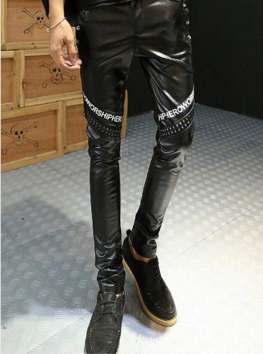 Spring Autumn Casual Pencil Trousers Teenage personality Rivet Sequined Black harem slim Faux Leathe
