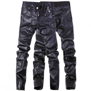 newest design high quality men leather jeans pants denim straight trousers black color size 28-36 C1