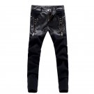 top zipper skull men leather pants skinny motorcycle straight jeans denim casual trousers CCL74
