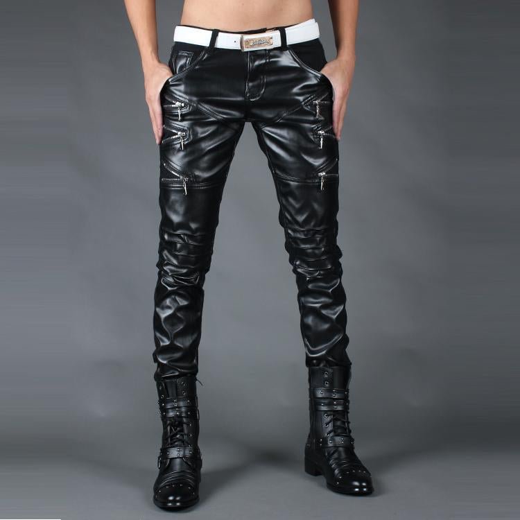 Wholesale autumn winter Mens Leather Pants slim men pants Zippers Faux Leather Pu Motorcycle Skinny