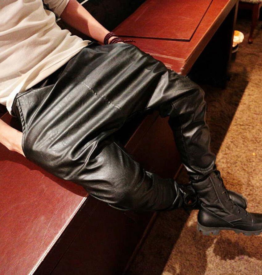 New 2015 Fashion faux leather harem pants men drop crotch pants men baggy pants casual fashion elast