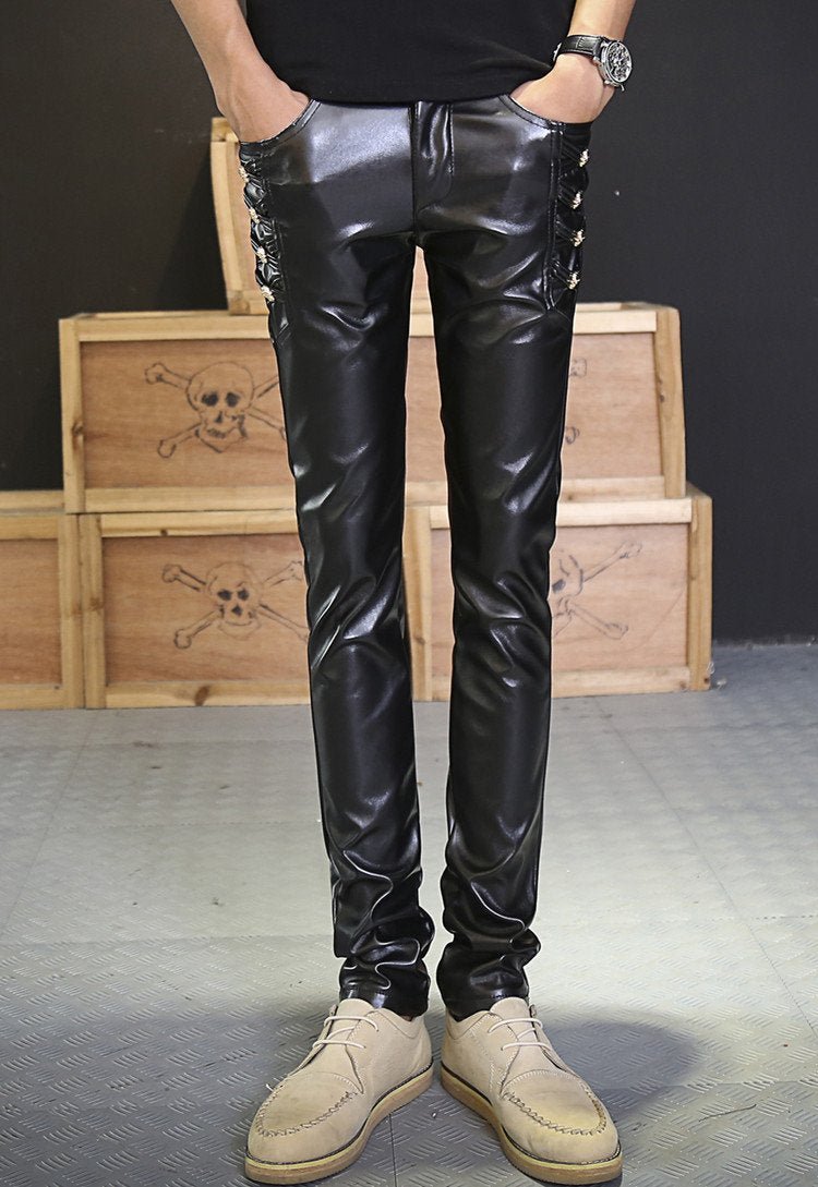 2016 European style Casual Trousers personality Sequined PU Faux Leather patchwork Black harem slim