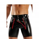 Black sexy tight skinny men\'s PVC shorts buttons and zippers details front faux leather short pants