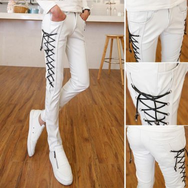 Autumn Winter Pencil Pants For Men Harem Hip Hop bandage Casual Punk slim Faux Leather Patchwork Men