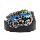 Male Black PU Leather Jeans Pants Belts Country Style Tractor American Farmer Feeds The World Metal 