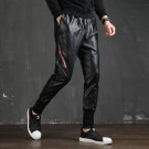 Spring Autumn Casual personality Joggers pants Black harem mens Zipper slim Faux Leather Patchwork  