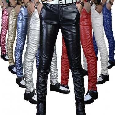 2017 Mens Faux Leather Pants PU Material Black Slim Skinny Fitness Motorcycle Leather Nigthclub Trou