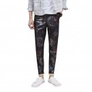 Stylish PU faux leather pants men Feather painting Blue Golden Slim Rock punk style