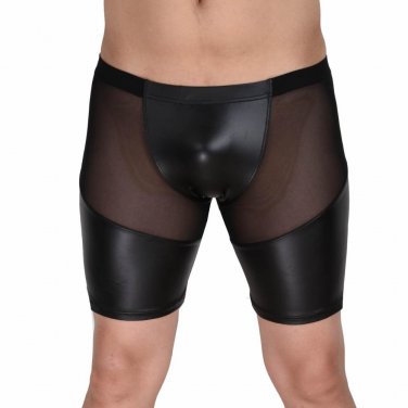 New Arrival Fashion Leather Patchwork Sexy Mesh Semi See-Through Style Charming Men\'s Casual Short 
