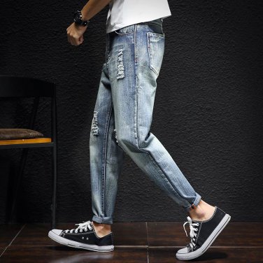 Men Jeans 2017 High Quality Light Blue Denim Stripe Jeans Men Zipper Retro color Pencil Pants Men Lo