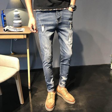 Envmenst 2017 New Arrival Men Washed Stretch Zipper Denim Trousers Retro Mid Waist Hole Pencil Jeans