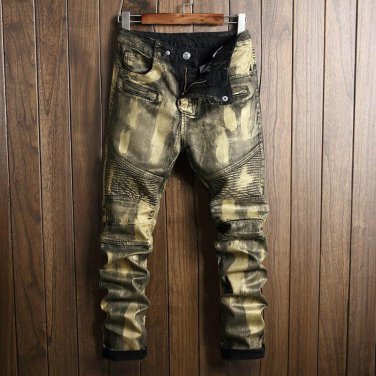 Envmenst 2017 Fashion Men Jeans Washed Stretch Straight Denim Pants Zipper Paint Color Locomotive St