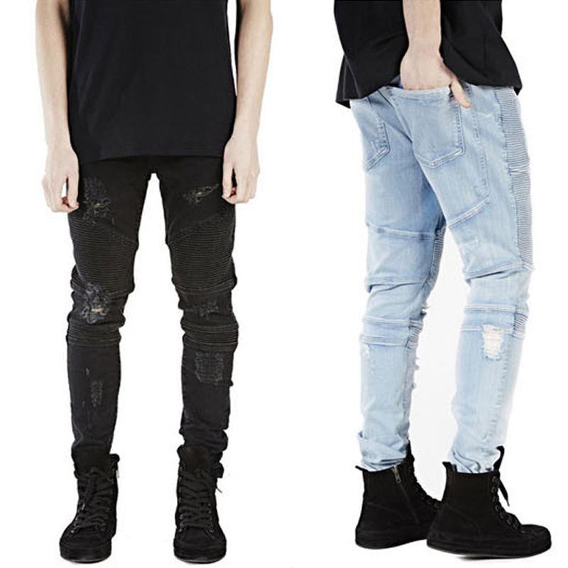 2016 Mens Strech Ripped Biker Jeans Skinny Lt Blue Distressed Kanye West Designer Mens Hole Jeans Hi