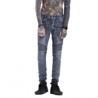 Men\'s Pleated Biker Jeans Slim Fit Brand Designer Motocycle Denim Trousers Male Straight Washed Zip