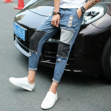 Envmenst 2017 Patchwork Pencil Hole Jeans Men Denim Trousers High Quality Ankle Length Zipper Blue J