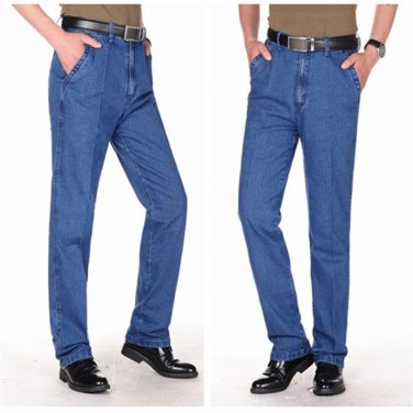 Free shiping Spring autumn male high waist loose elastic jeans casual jeans pants male straight deni
