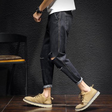 Fashion Jeans For Man 2017 Spring Fashion Denim Pants Black Zipper Holes Jeans Slim Pockets Ankle Le