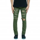 Olive Ripped Side Ankle Zipper Men Jeans Army Green Distressed Destroyed Hip Hop Urban Skinny Stretc
