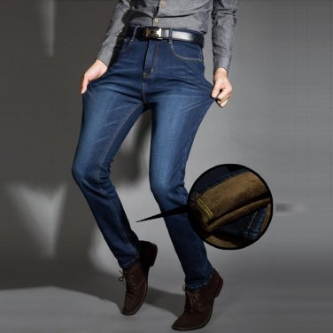 Men\'s Plus Size 28-42 Winter Thicken Stretch Denim Jeans Warm Fleece Jeans Pant High Quality Men Lo