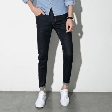 LIGAO Men Jeans Dark Blue Full Length Straight Pants Soft Hand Feel Elastic Comfortable Men Clothing