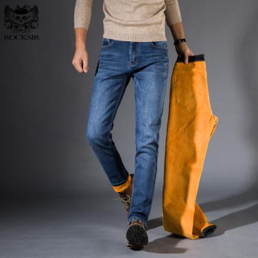 Men\'s Winter Plus velvet Jeans Slim Scratched Gentleman Cowboys jeans for men Stretch Dark Blue Bus