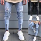 Fashion Casual Men\'s Cotton Skinny Slim Jeans Pencil Pants Hole Long Black Blue Mid Waist