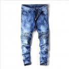 Mens black blue jeans ripped denim slim motorcycle zipper jeans pant classic rap hip hop skinny casu