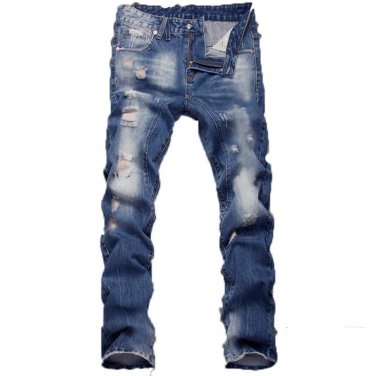 Men\'s Long Wrinkle Straight Leg Slim Fit Jeans Casual Denim Pants Trousers