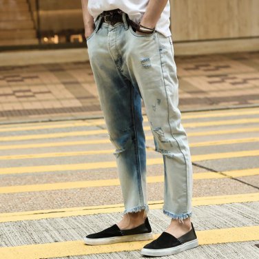 Washed jeans men brand regular vintage men\'s ripped hole jeans English style fashion mens jeans pan