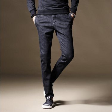 Men\'s Casual Elastic Cotton Jeans Pants Autumn Winter Thick Fleece Trousers for Male Size 29-38