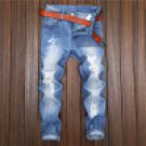 2017 New fashion blue ripped solid zipper fly summer Men\'s Slim Runway Straight Denim Pants Destroy