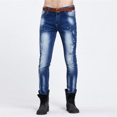 Night Club Biker Jeans Men Denim Blue Ripped Jeans Trousers Cotton Mens Brand Skinny Jeans Pants Str